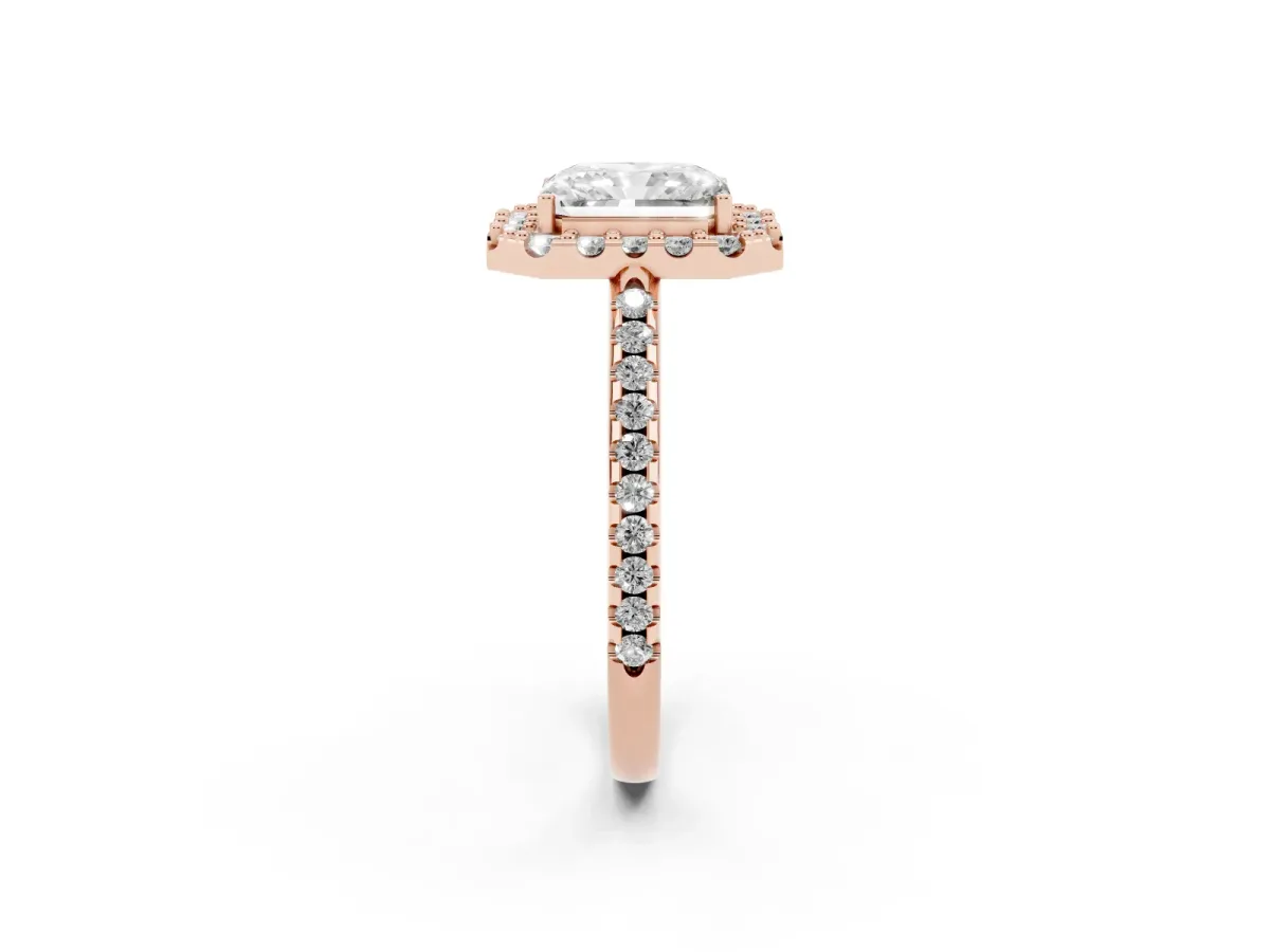 Radiant Cut Diamond Pavé Halo Ring with Four-Prong Setting Rose gold