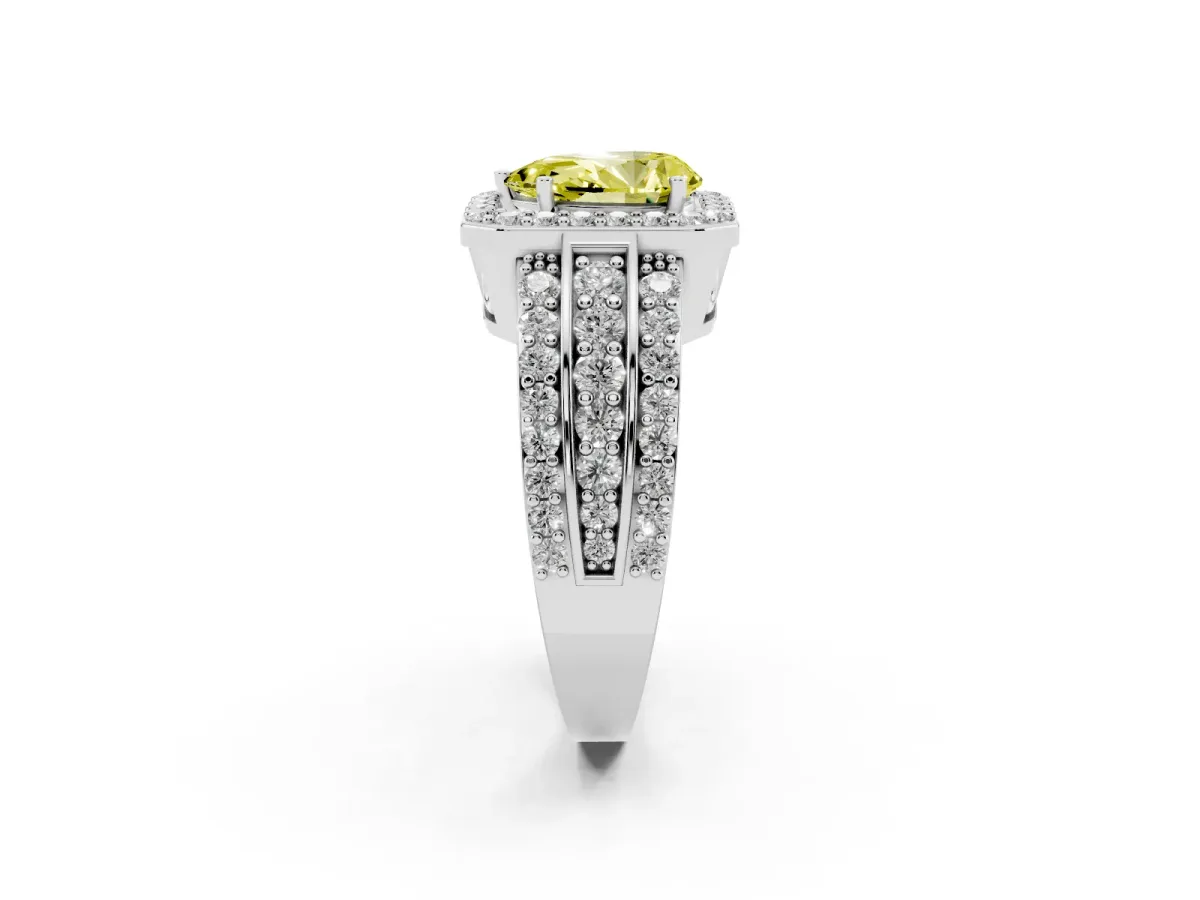 Fancy Yellow Pear Cut Halo Diamond Ring with Round Split Shank and Prong Setting Silver