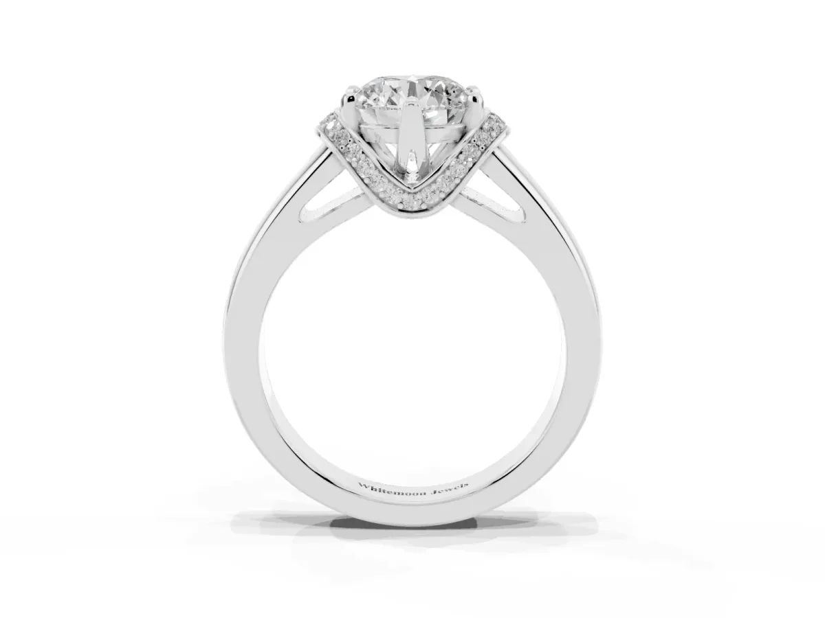 Round Cut Solitaire Diamond Ring with Pave Band and Six-Prong Setting Silver