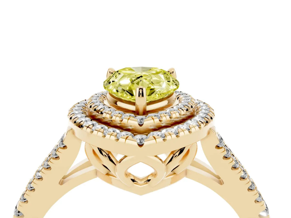 Fancy Yellow Pear Cut Diamond Double Halo Ring with Pavé Band and Prong Setting Yellow gold