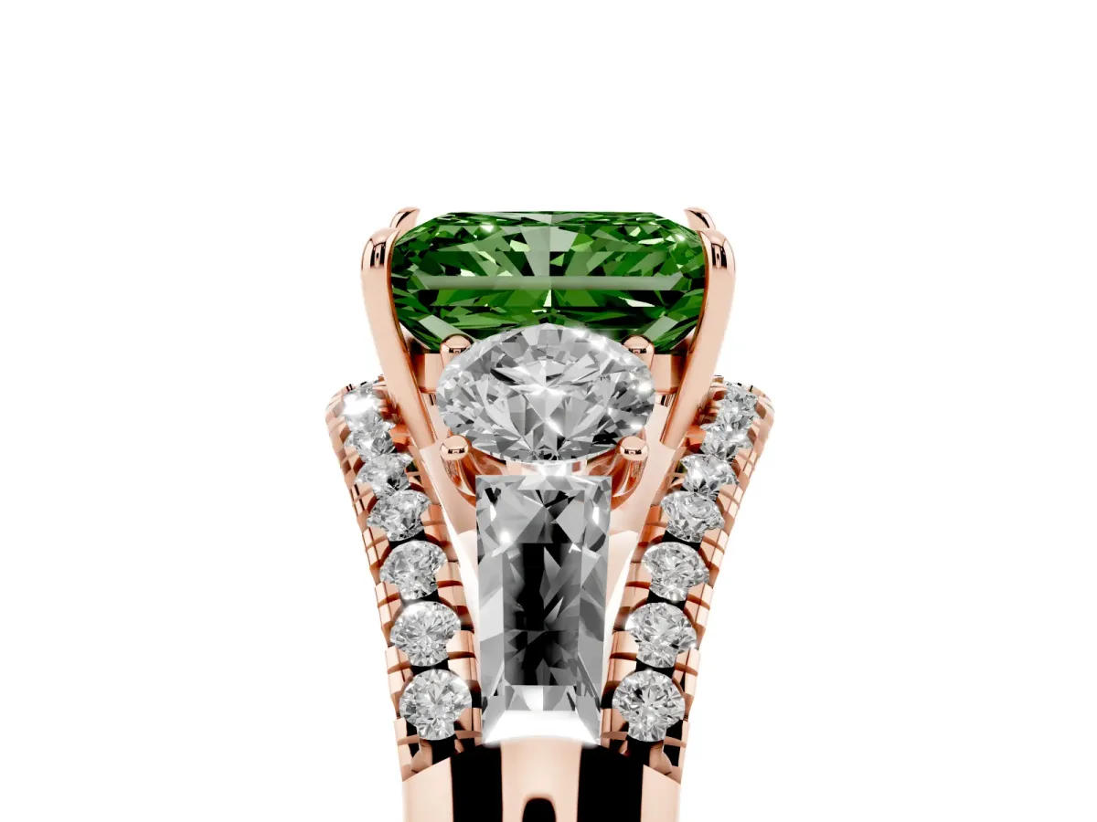 Fancy Green Three-Stone Radiant Cut Diamond Engagement Ring with Pave Band and Prong Setting Rose gold