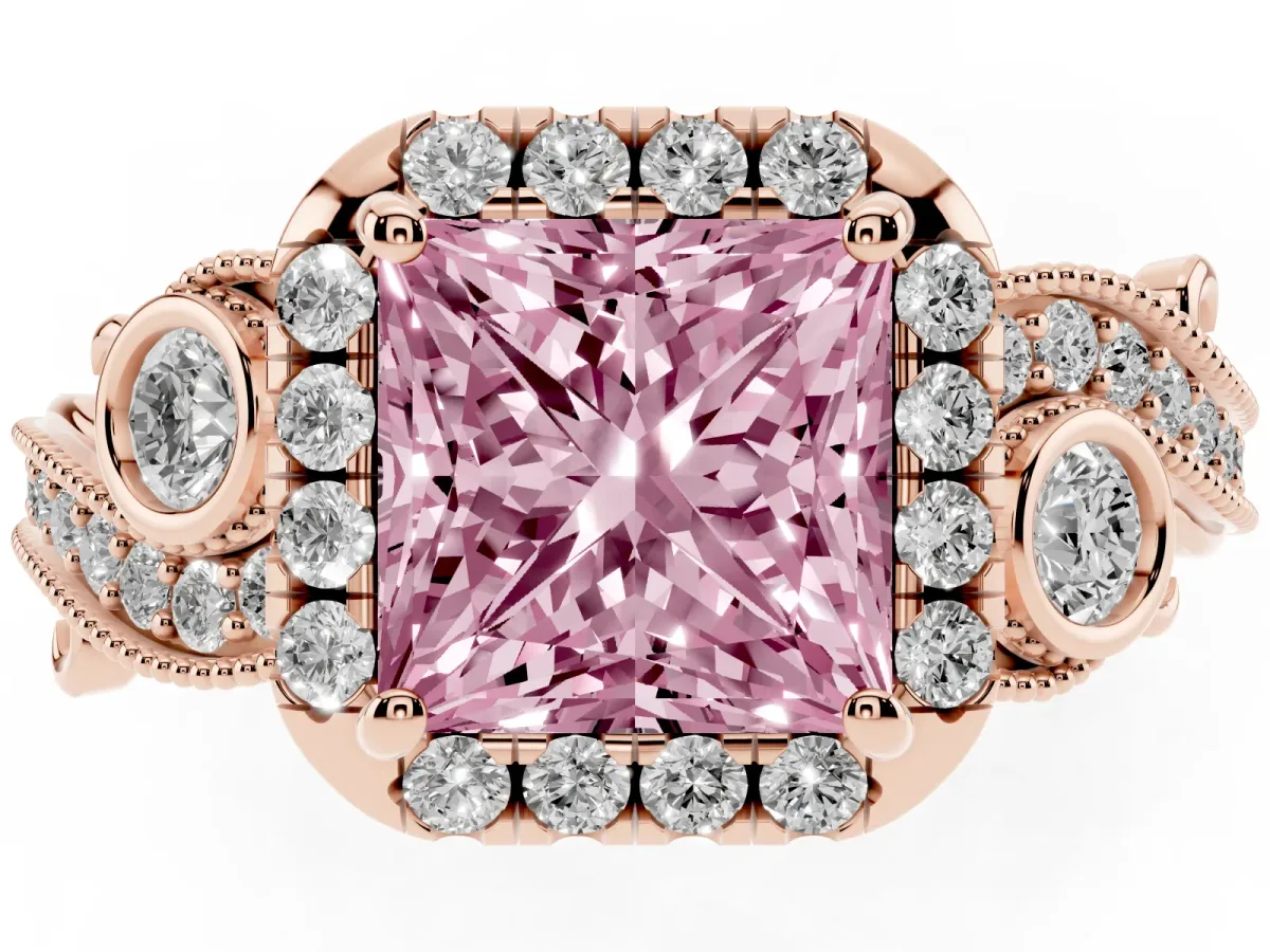 Fancy Pink Princess Cut Diamond Halo Ring with Milgrain Pavé Band and Four-Prong Setting Rose gold