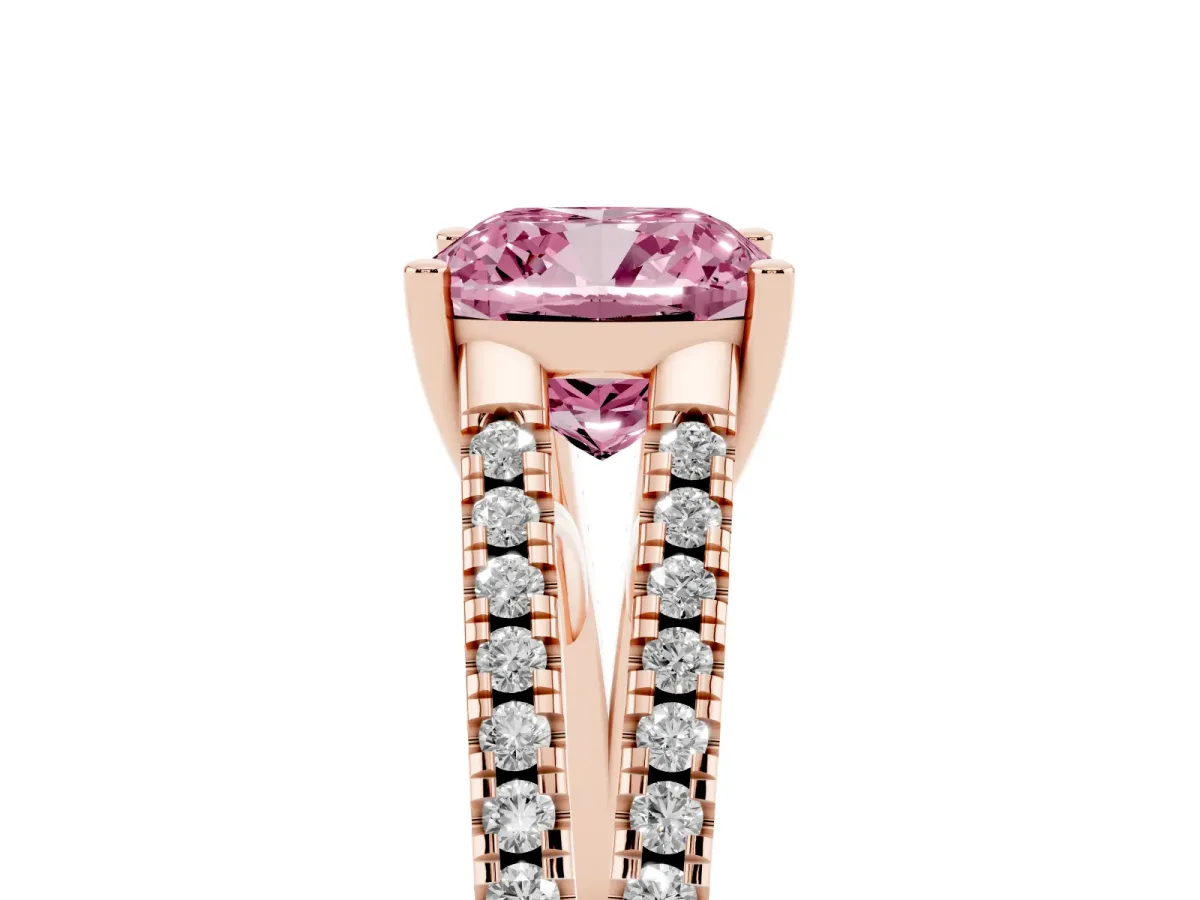 Fancy Pink Cushion Cut Diamond Solitaire Engagement Ring with Split Shank Pavé Band Rose gold