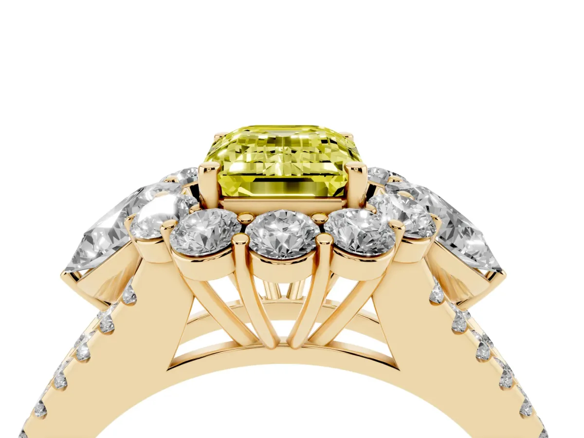 Fancy Yellow Emerald Cut Halo Split Shank Diamond Engagement Ring with Prong Setting Yellow gold