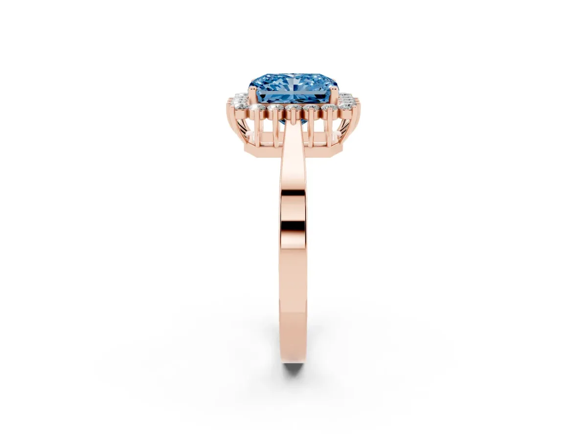 Fancy Blue Radiant Cut Cut Diamond Halo Ring with Round Brilliant Halo and Solitaire Band Rose gold