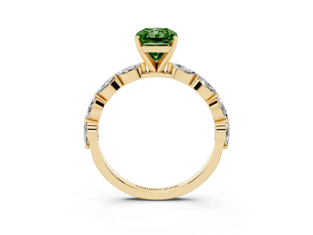 Fancy Green Radiant Cut Diamond Ring with Marquise Side Stones and Prong Setting Yellow gold