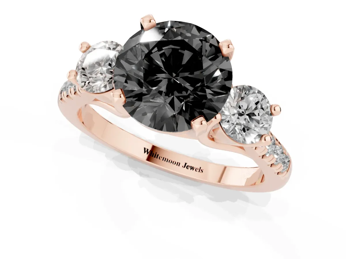Fancy Black Three-Stone Round Cut Diamond Pavé Band with Four-Prong Setting Rose gold
