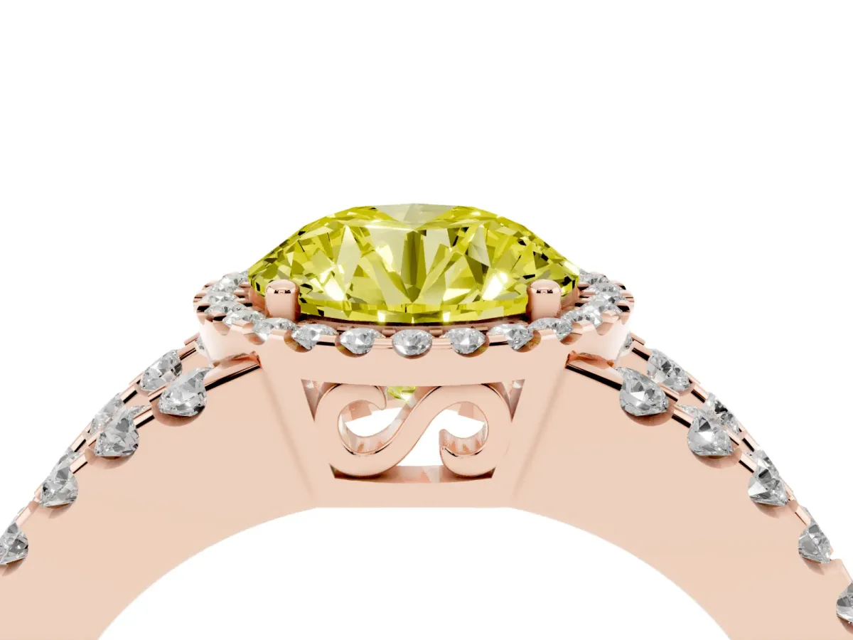 Fancy Yellow Round Cut Cut Halo Split Shank Diamond Ring with Four-Prong Setting Rose gold