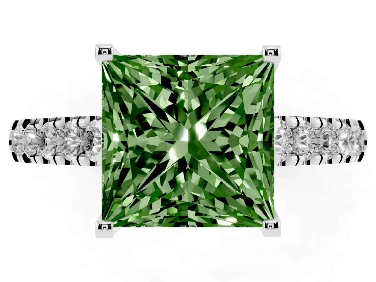Fancy Green Princess Cut Diamond Pavé Band Solitaire Ring with Prong Setting Silver