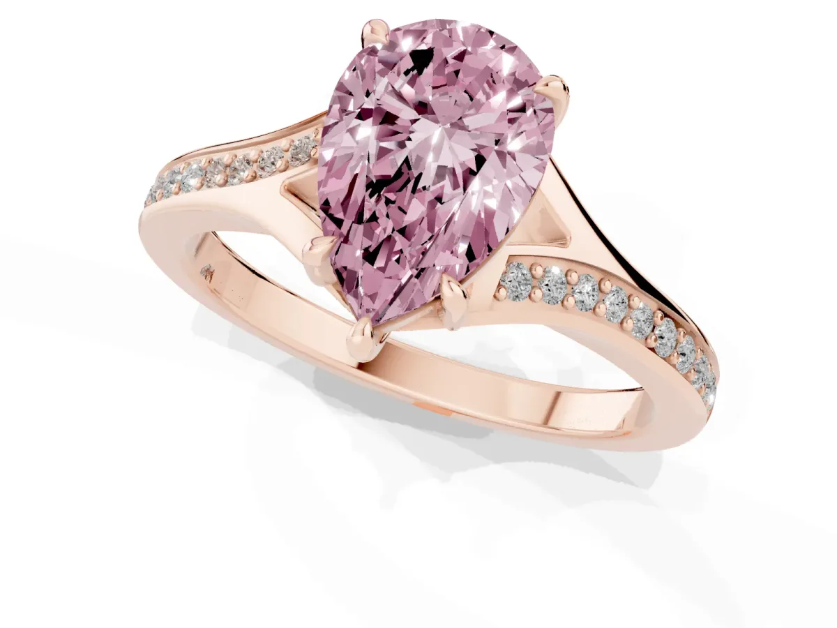 Fancy Pink Pear Cut Diamond Solitaire Ring with Pavé Band and Prong Setting Rose gold