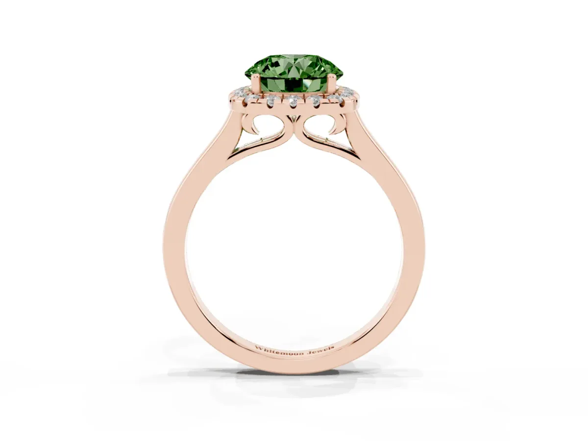 Fancy Green Round Cut Halo Round Diamond Solitaire Ring with Pavé Band and Four-Prong Setting Rose gold