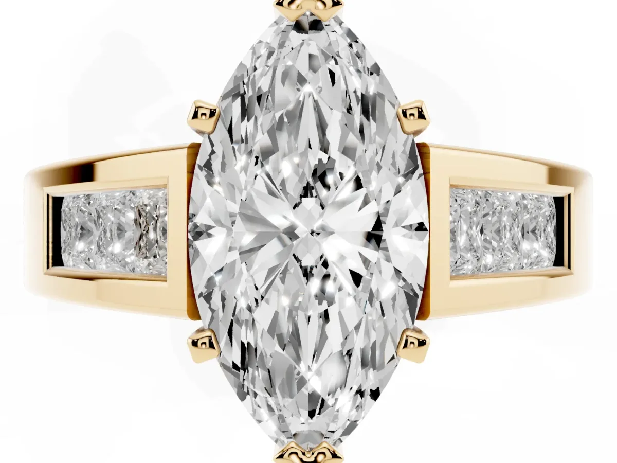 Marquise Cut Cut Channel Set Solitaire Ring with Four-Prong Setting Yellow gold