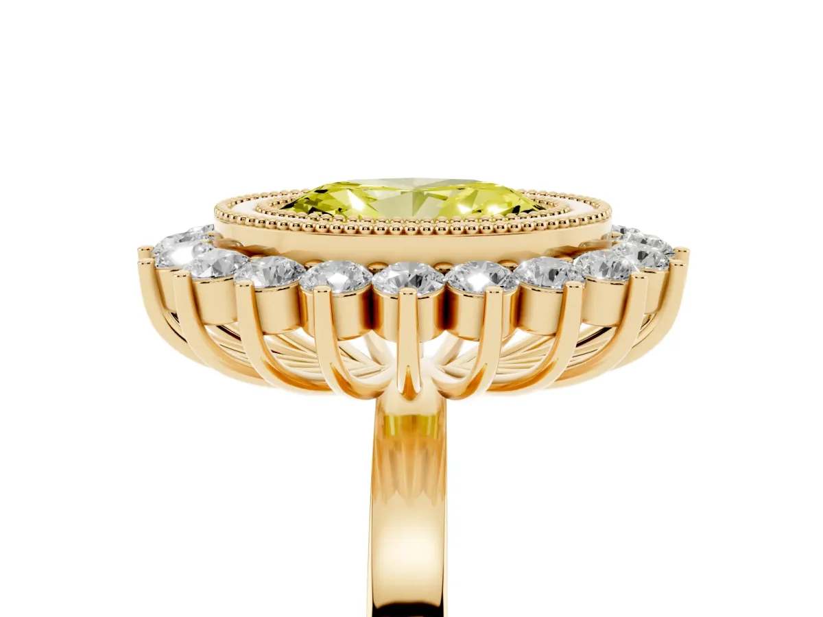 Fancy Yellow Oval Cut Halo Diamond Ring with Milgrain Edge and Round Prong Setting Yellow gold