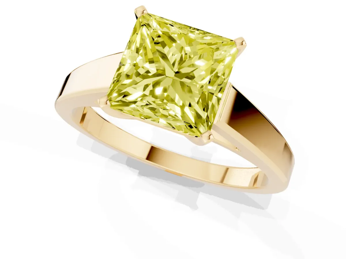 Fancy Yellow Princess Cut Solitaire Engagement Ring with Four-Prong Setting and Tapered Band Yellow gold