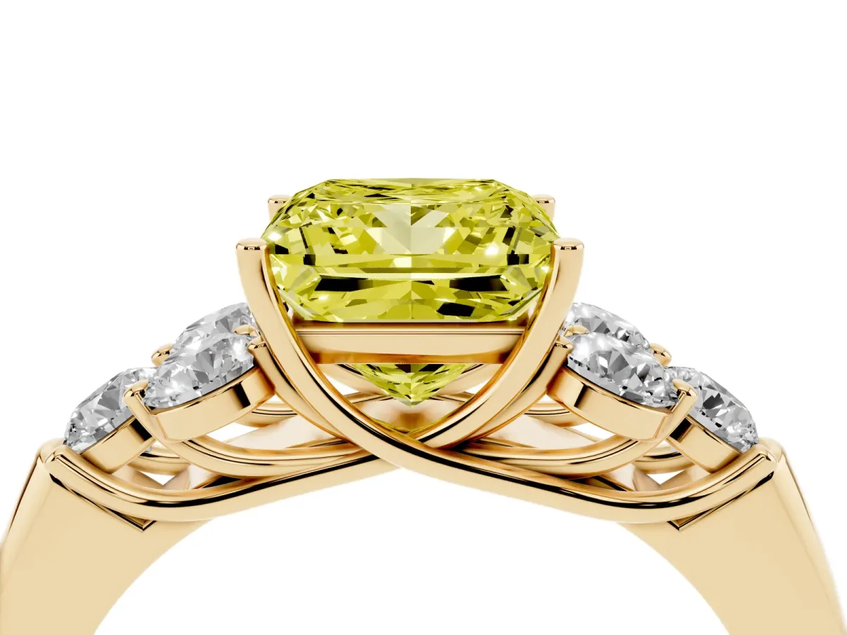 Fancy Yellow Princess Cut Cut Diamond Cluster Ring with Round Accent Stones and Prong Setting on a Classic Band Yellow gold