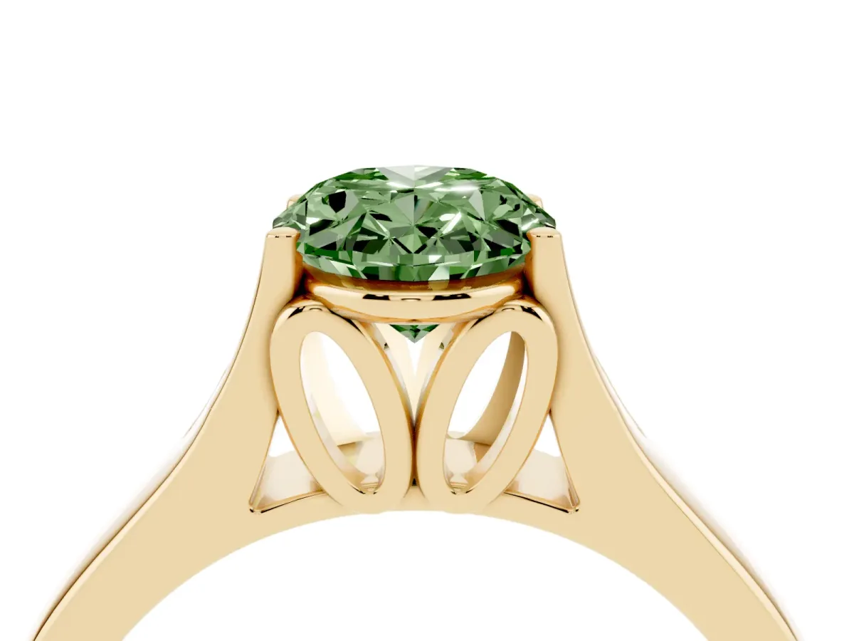 Fancy Green Oval Cut Solitaire Diamond Ring with Cathedral Band and Four-Prong Setting Yellow gold
