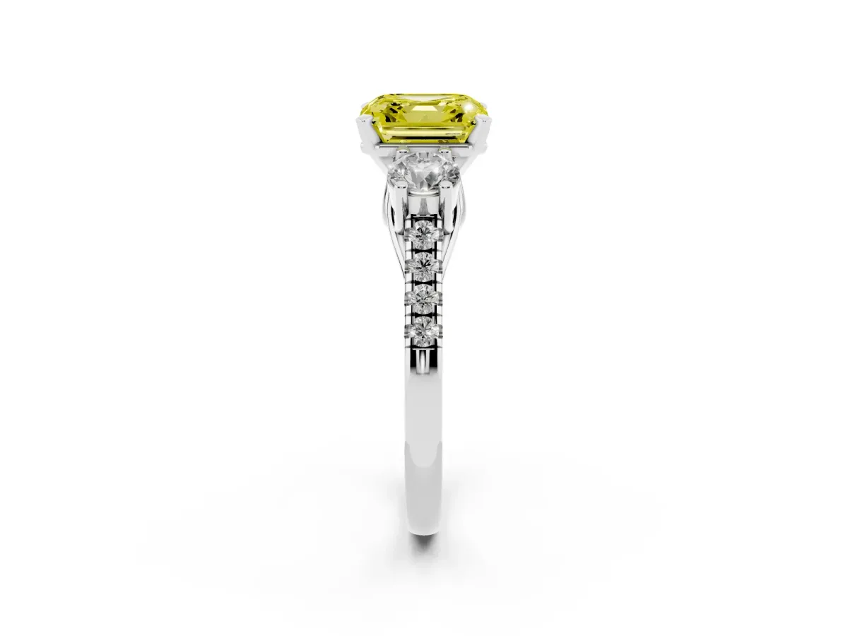 Fancy Yellow Three-Stone Asscher Cut Diamond Pavé Band with Four-Prong Setting Silver
