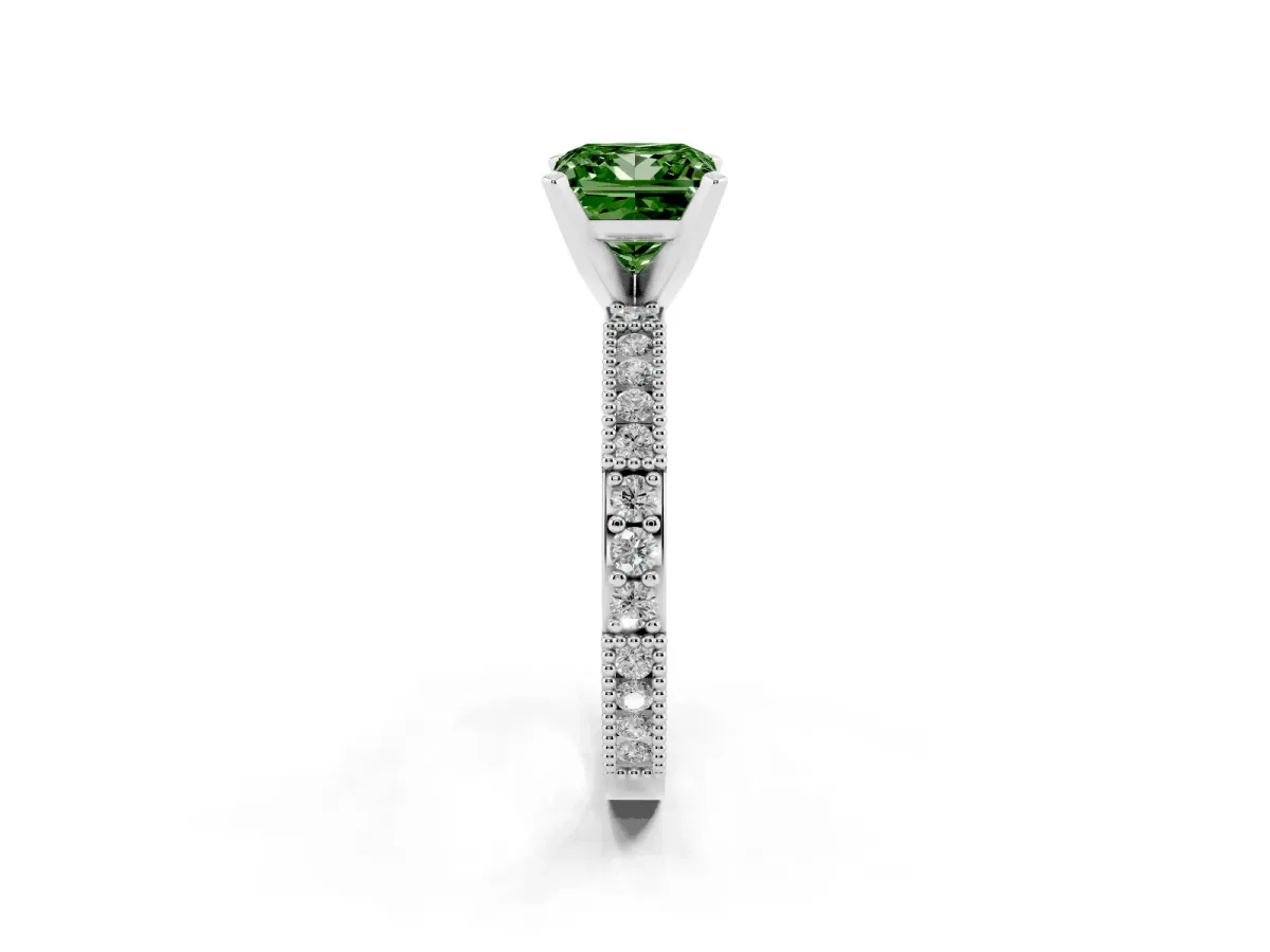 Fancy Green Princess Cut Solitaire with Pavé Band and Four-Prong Setting Silver