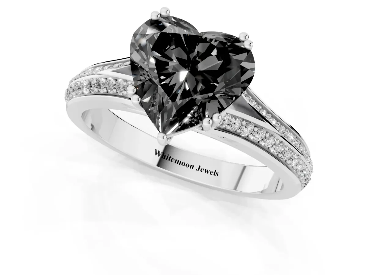 Fancy Black Heart Cut Diamond Split Shank Engagement Ring with Pavé Band Silver
