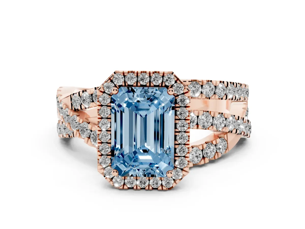 Fancy Blue Emerald Cut Diamond Halo Ring with Round Split Shank and Prong Setting Rose gold