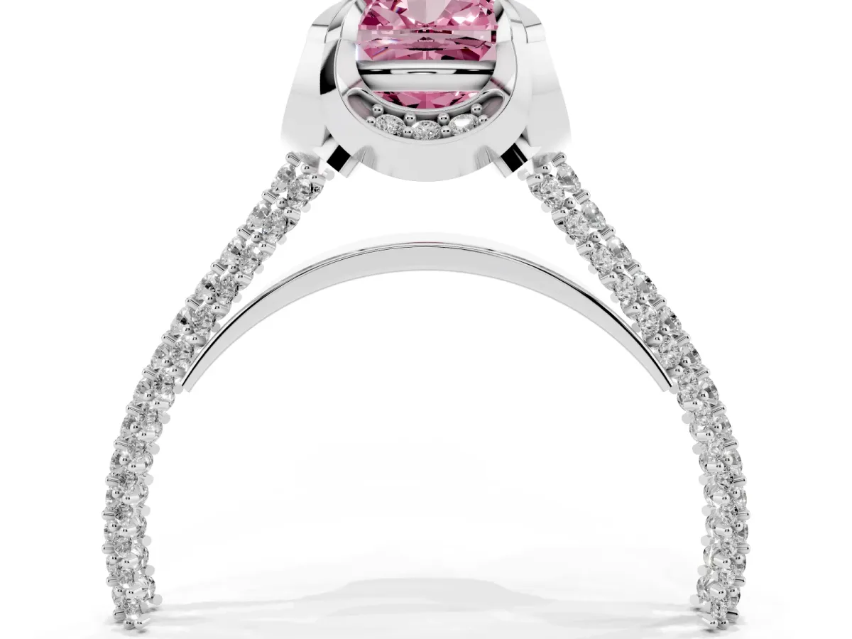 Fancy Pink Cushion Cut Solitaire Pave Split Shank Ring with Four-Prong Setting Silver