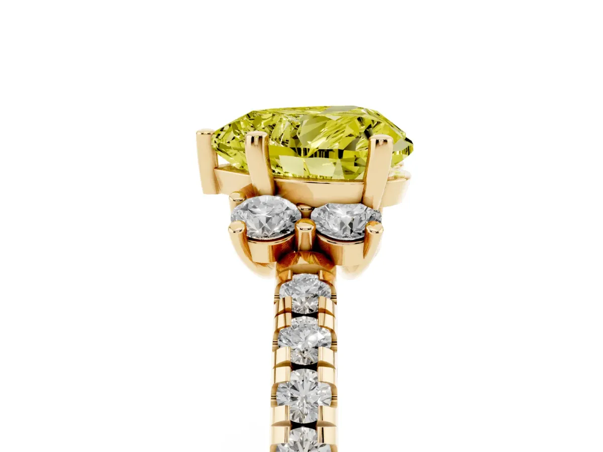 Fancy Yellow Heart Cut Diamond Three-Stone Pave Band with Four-Prong Setting Yellow gold