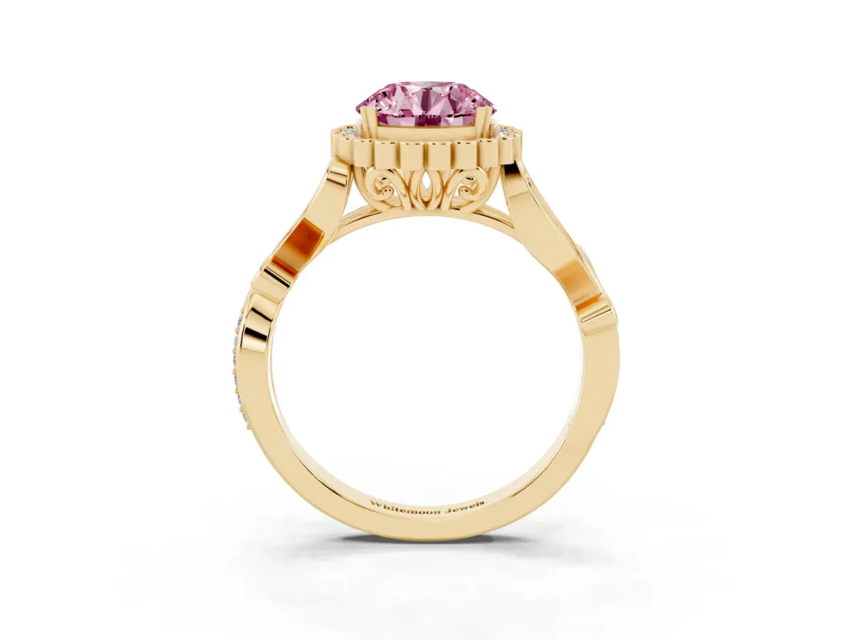 Fancy Pink Round Cut Diamond Halo Ring with Vintage Split Shank and Four-Prong Setting Yellow gold