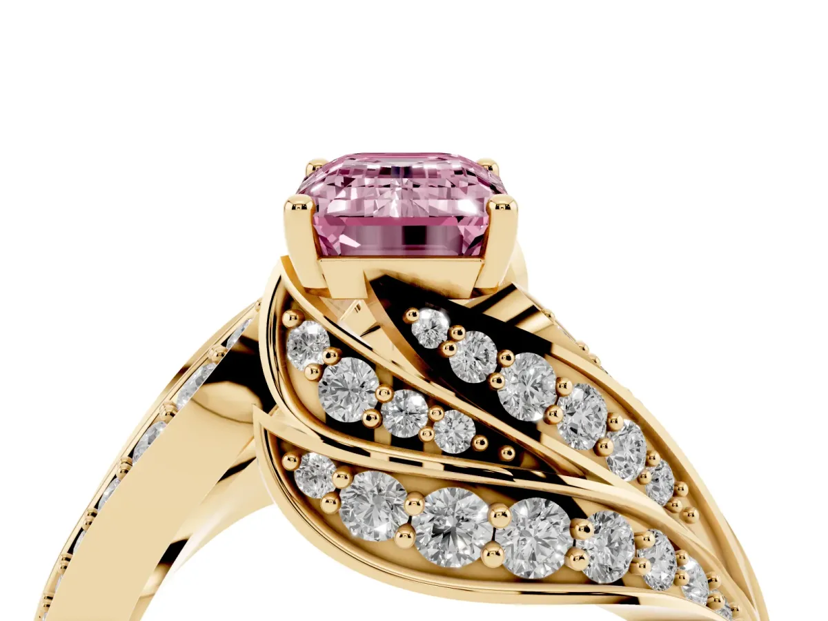 Fancy Pink Emerald Cut Diamond Solitaire Ring with Prong Setting and Twisted Pavé Band Yellow gold