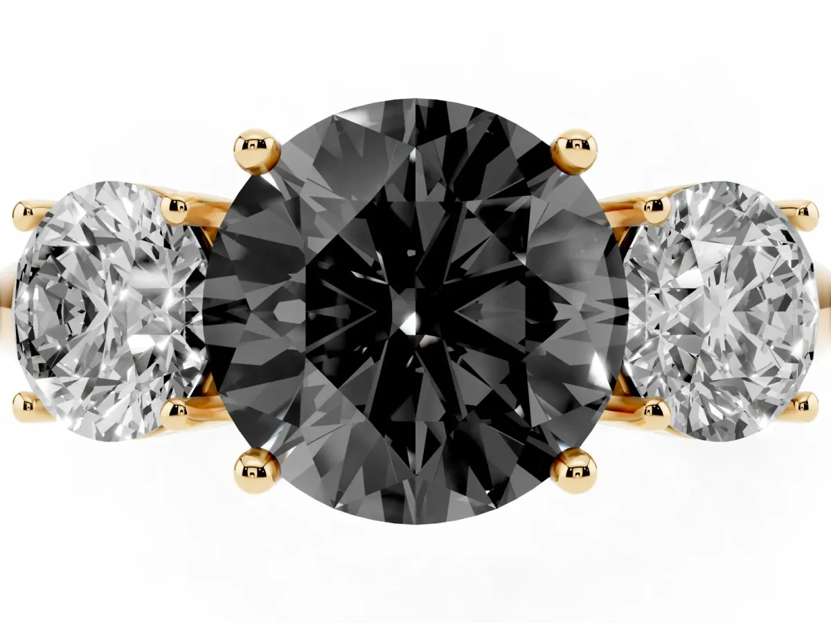 Fancy Black Three-Stone Round Cut Cut Diamond Engagement Ring with Prong Setting on a White Gold Band Yellow gold