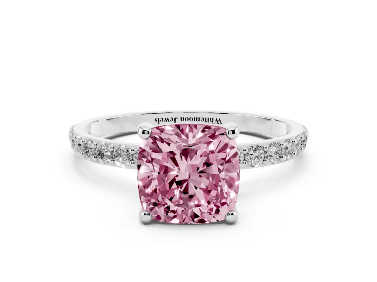 Fancy Pink Cushion Cut Diamond Solitaire Ring with Round Pavé Band and Prong Setting Silver