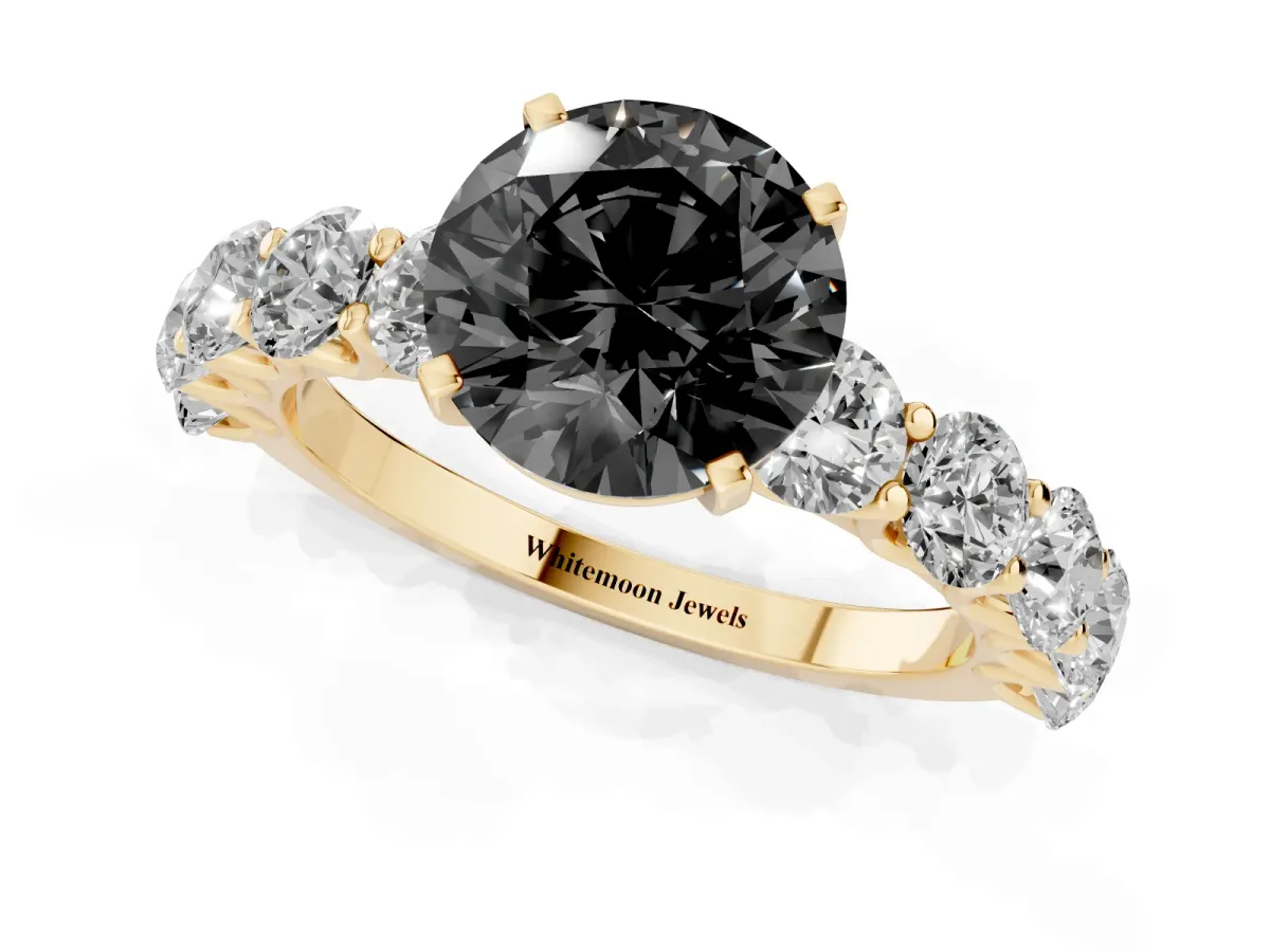 Fancy Black Round Cut Diamond Prong Setting with Side Stones on a Pave Band Yellow gold