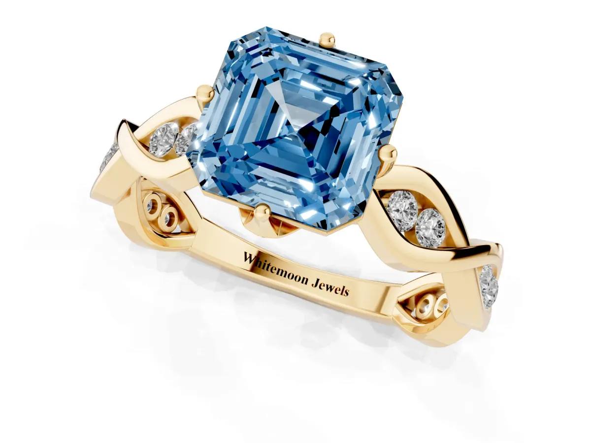 Fancy Blue Asscher Cut Solitaire Twist Band with Leaf Prong Setting Yellow gold
