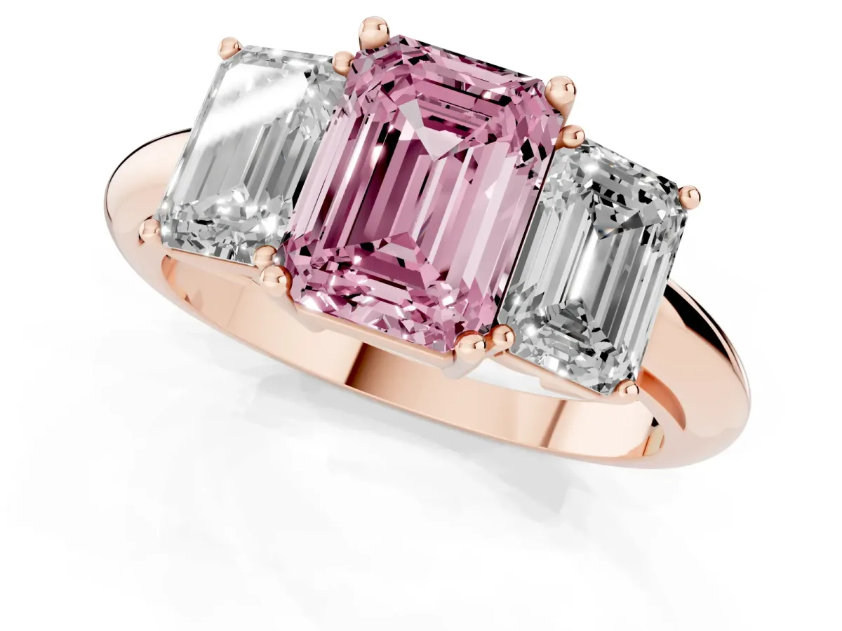 Fancy Pink Three-Stone Emerald Cut Cut Diamond Engagement Ring with Prong Setting on a White Gold Band Rose gold