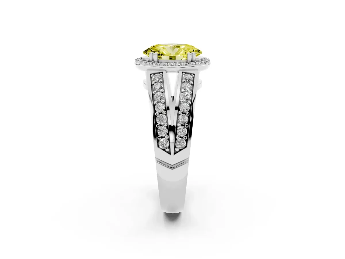 Fancy Yellow Oval Cut Diamond Halo Ring with Split Shank Pavé Band and Four-Prong Setting Platinum