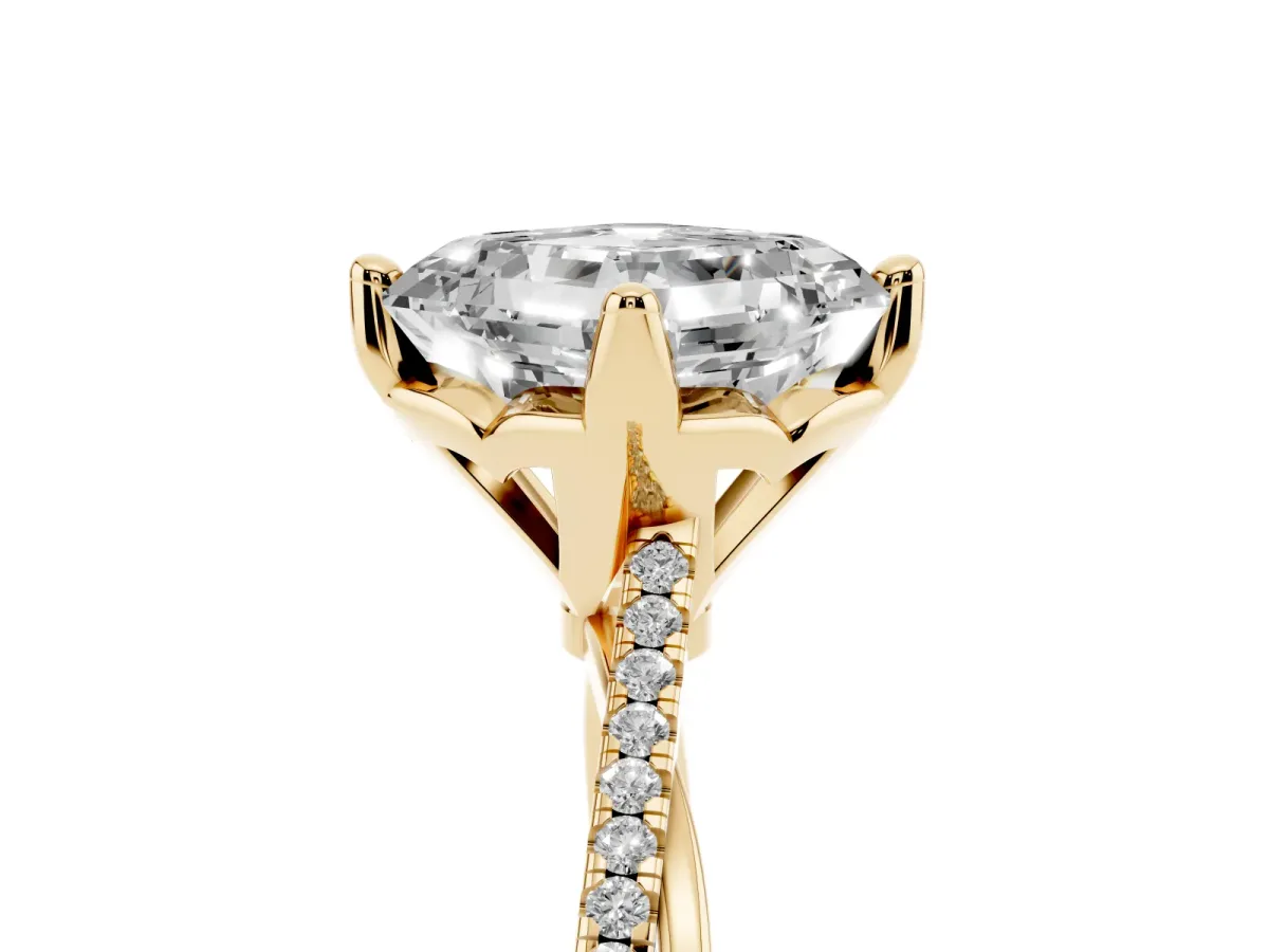 Asscher Cut Solitaire Twist Band with Pavé Diamonds and Four-Prong Setting Yellow gold