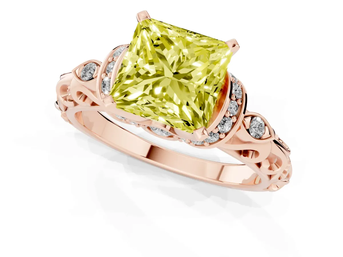 Fancy Yellow Princess Cut Diamond Solitaire Ring with Filigree Band and Four-Prong Setting Rose gold