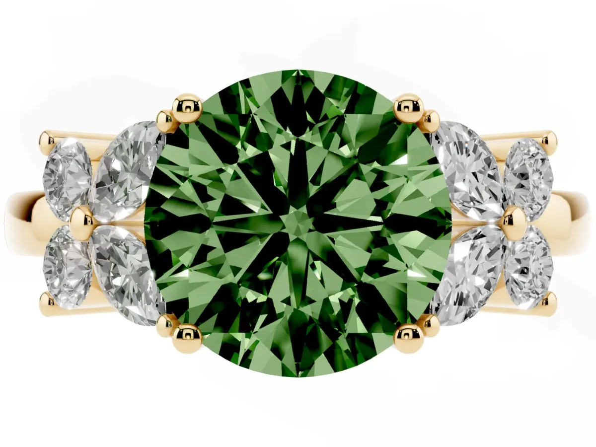 Fancy Green Round Cut Diamond Floral Cluster Ring with Solitaire Band and Prong Setting Yellow gold