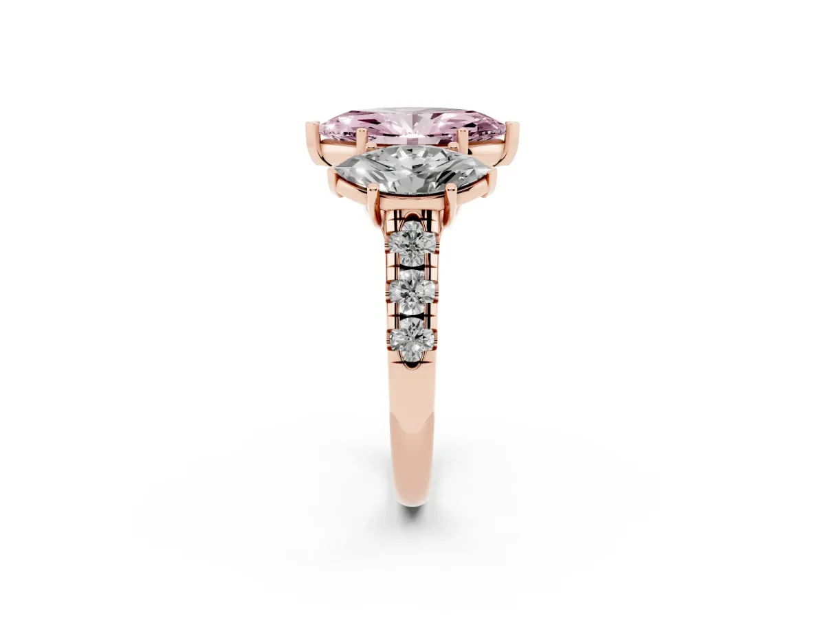 Fancy Pink Three-Stone Marquise Cut Diamond Pavé Band with Prong Setting Rose gold