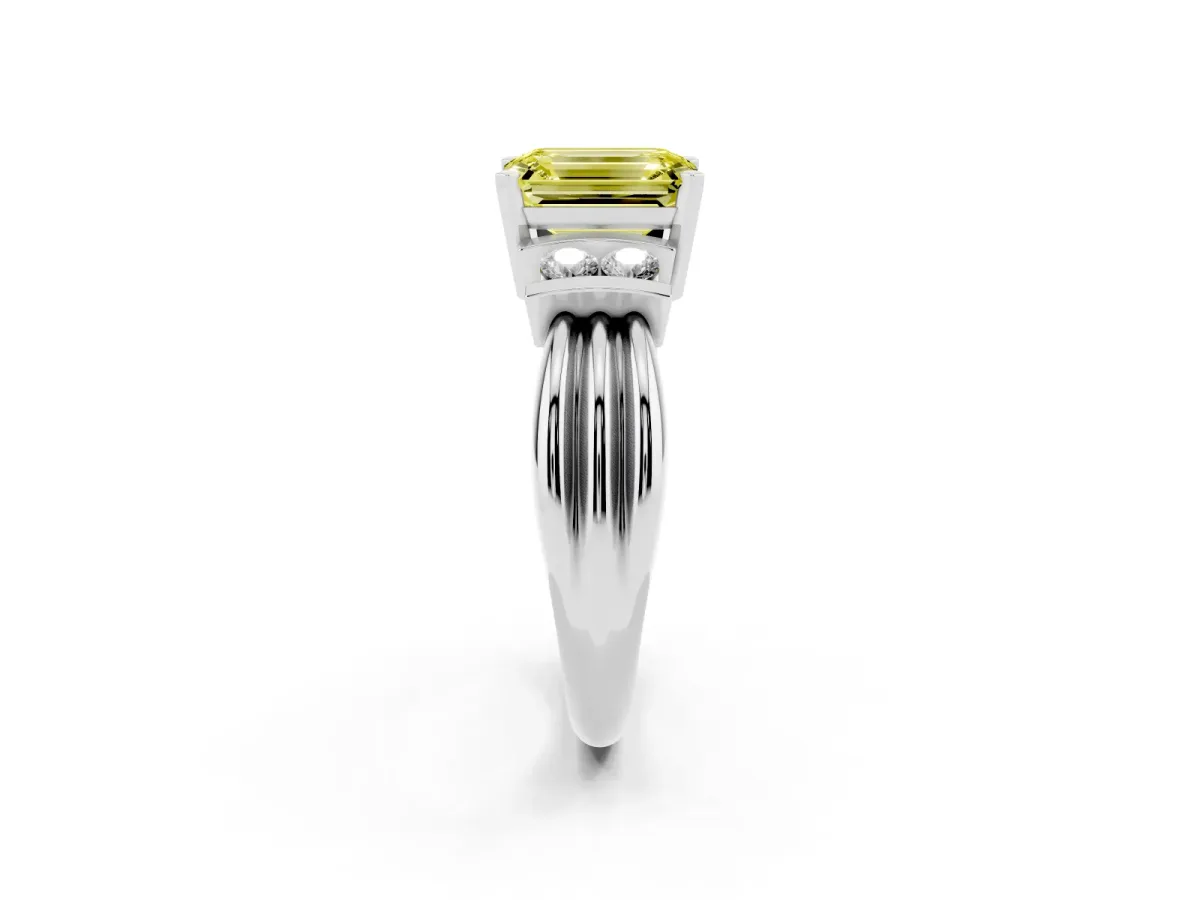 Fancy Yellow Emerald Cut Cut Three-Stone Channel Set Ring with Bar Prongs Platinum