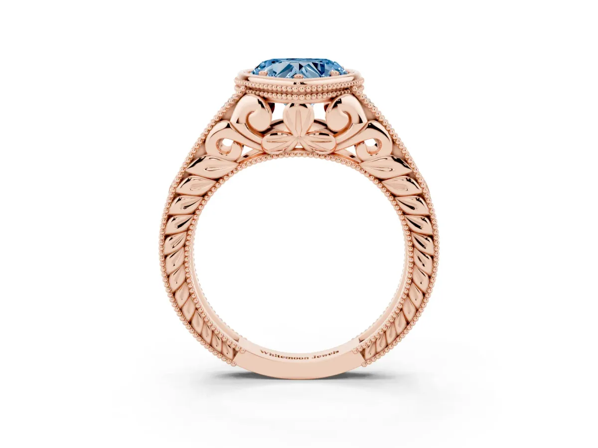 Fancy Blue Bezel Set Heart Cut Diamond Milgrain Pave Engagement Ring Rose gold