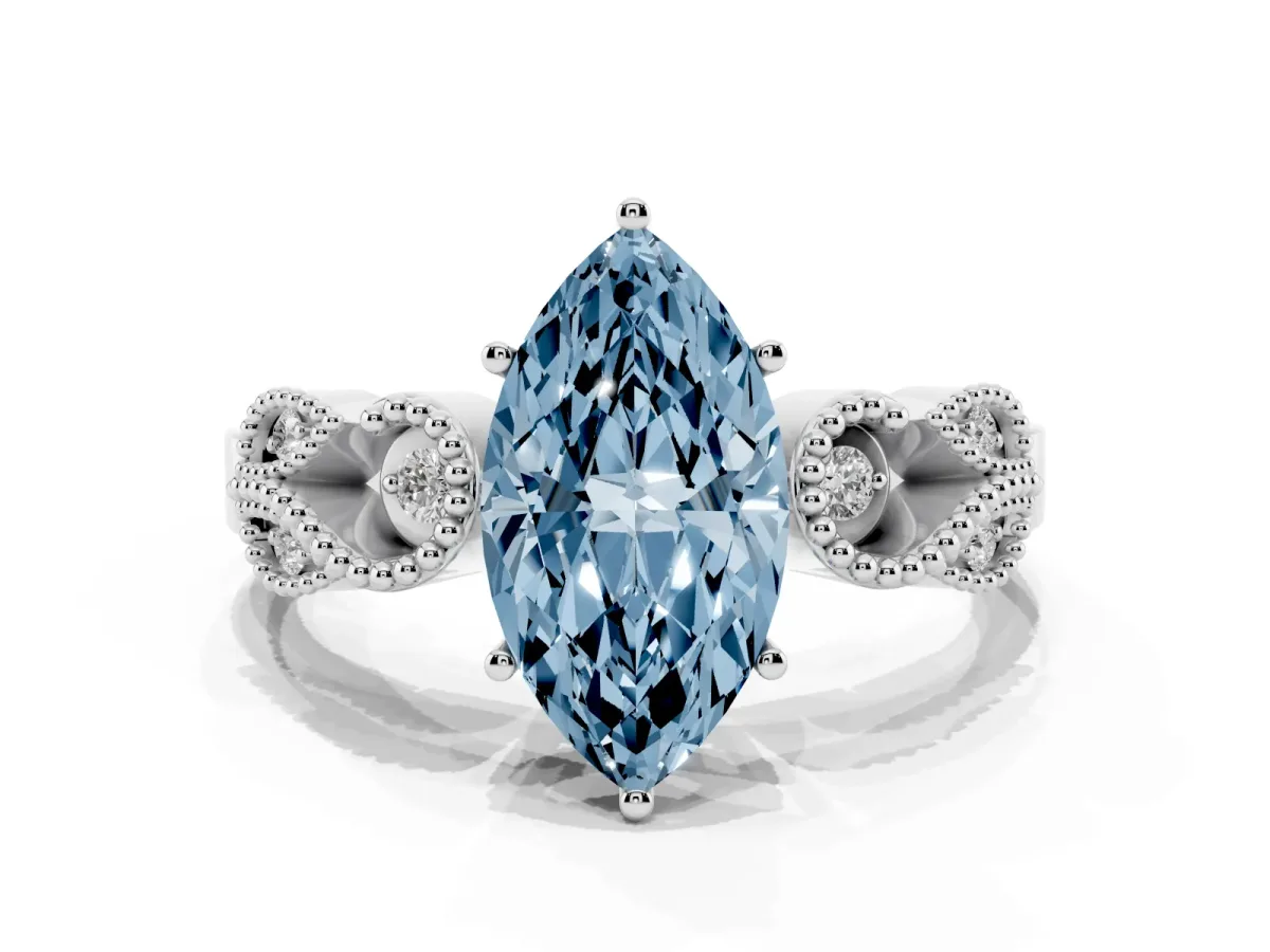 Fancy Blue Marquise Cut Solitaire Milgrain Leaf Band with Prong Setting Platinum