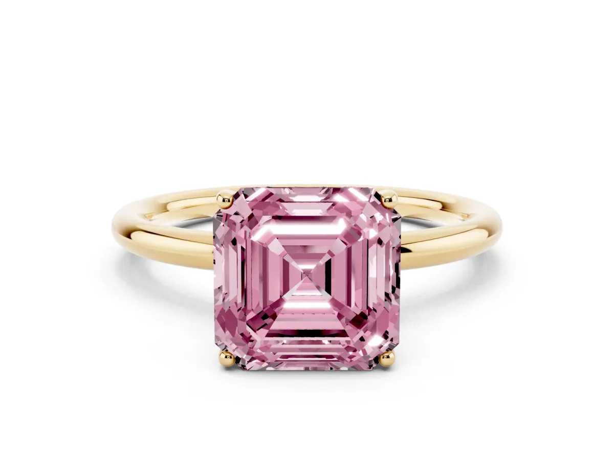 Fancy Pink Asscher Cut Solitaire Diamond Ring with a Classic Band and Four-Prong Setting Yellow gold