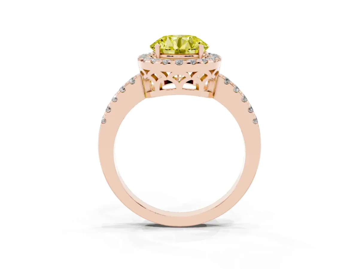 Fancy Yellow Round Cut Halo Diamond Engagement Ring with Pavé Band and Four-Prong Setting Rose gold