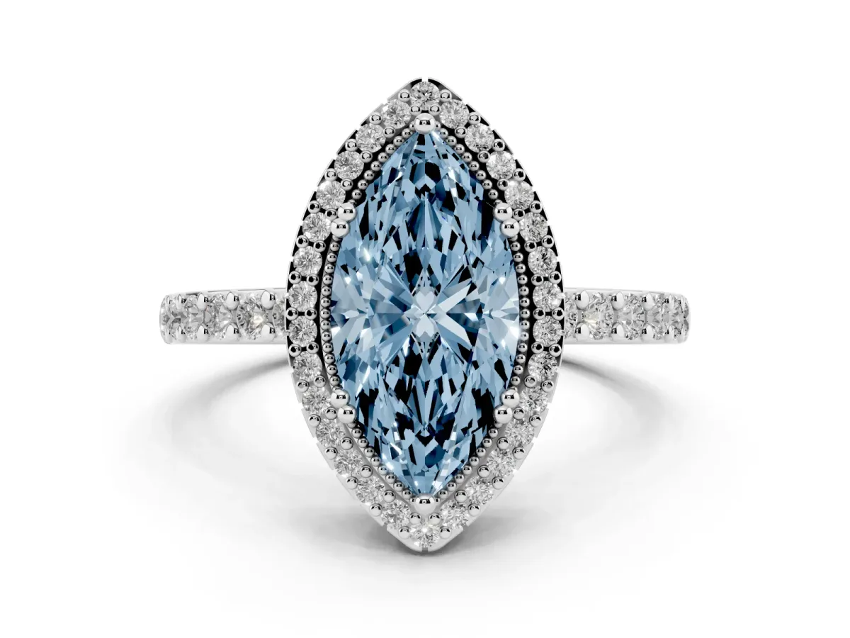 Fancy Blue Marquise Cut Cut Diamond Halo Engagement Ring with Milgrain Detail and Pavé Band White gold