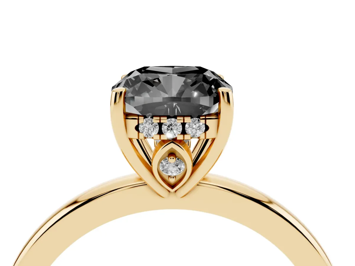 Fancy Black Cushion Cut Solitaire Diamond Ring with Prong Setting and Plain Band Yellow gold