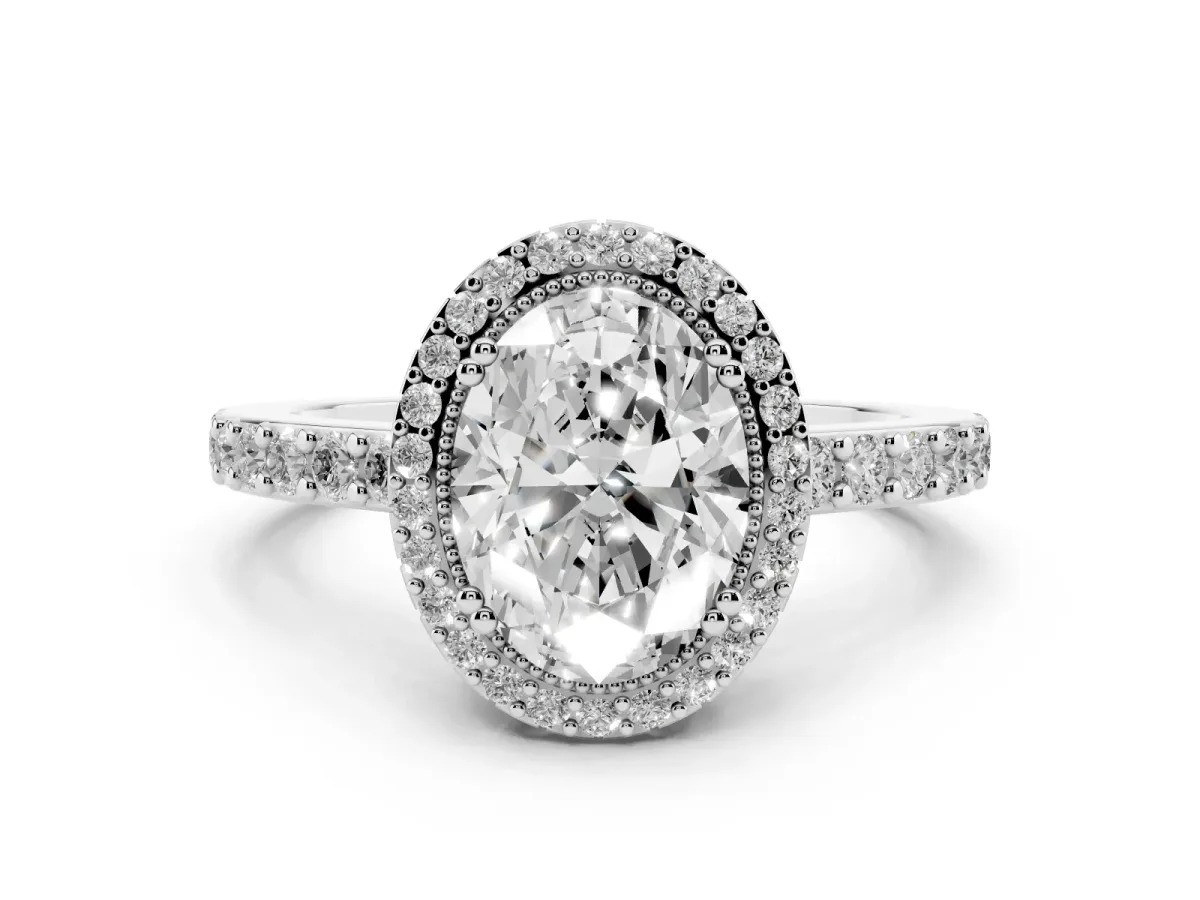 Oval Cut Cut Diamond Halo Engagement Ring with Milgrain Detail and Pavé Band White gold