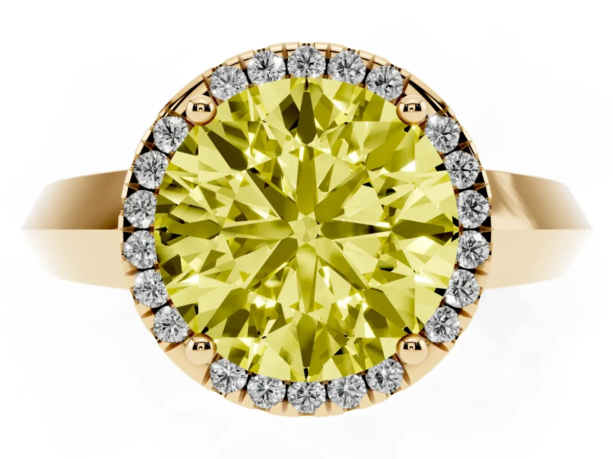 Fancy Yellow Round Cut Halo Diamond Ring with Cathedral Band and Four-Prong Setting Yellow gold