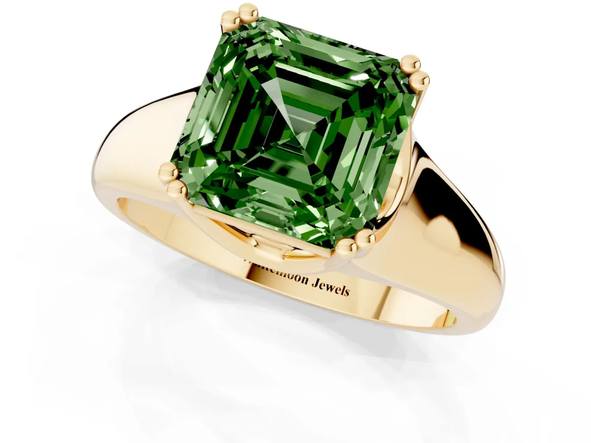 Fancy Green Asscher Cut Diamond Solitaire Ring with Wide Band and Prong Setting Yellow gold