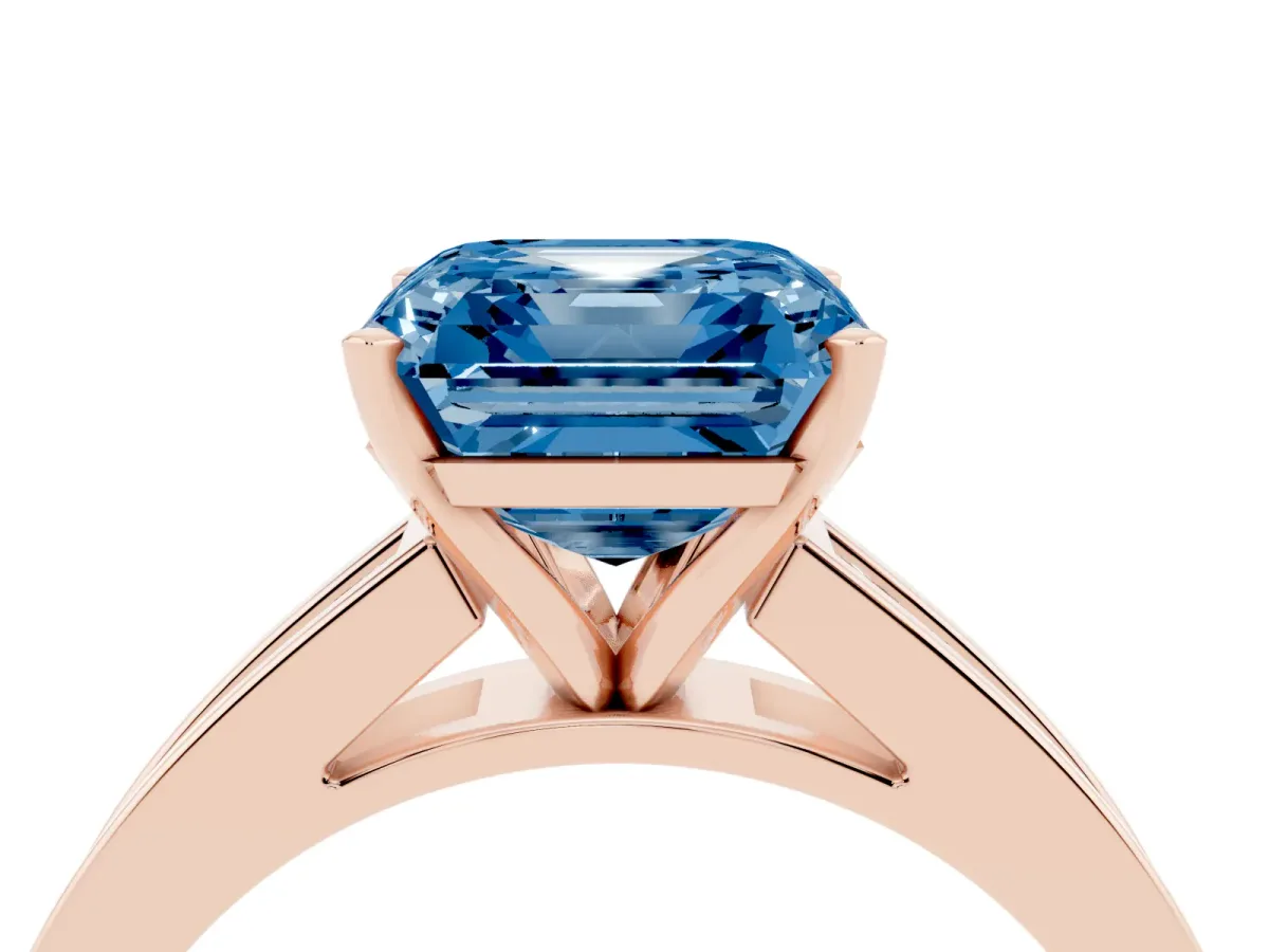 Fancy Blue Asscher Cut Solitaire Diamond Ring with Channel-Set Band and Four-Prong Setting Rose gold