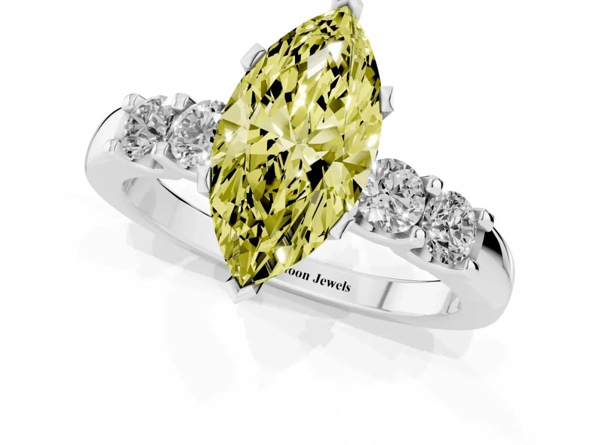 Fancy Yellow Marquise Cut Brilliant Cut Diamond Five-Stone Prong Set Engagement Ring with Channel Band Silver
